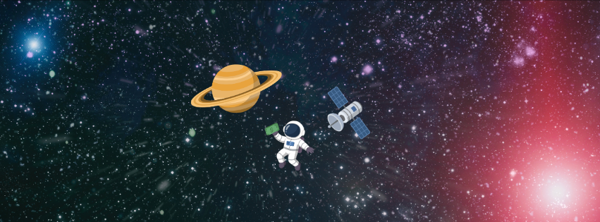 Astronaut, Satellite, and Planet in a galaxy